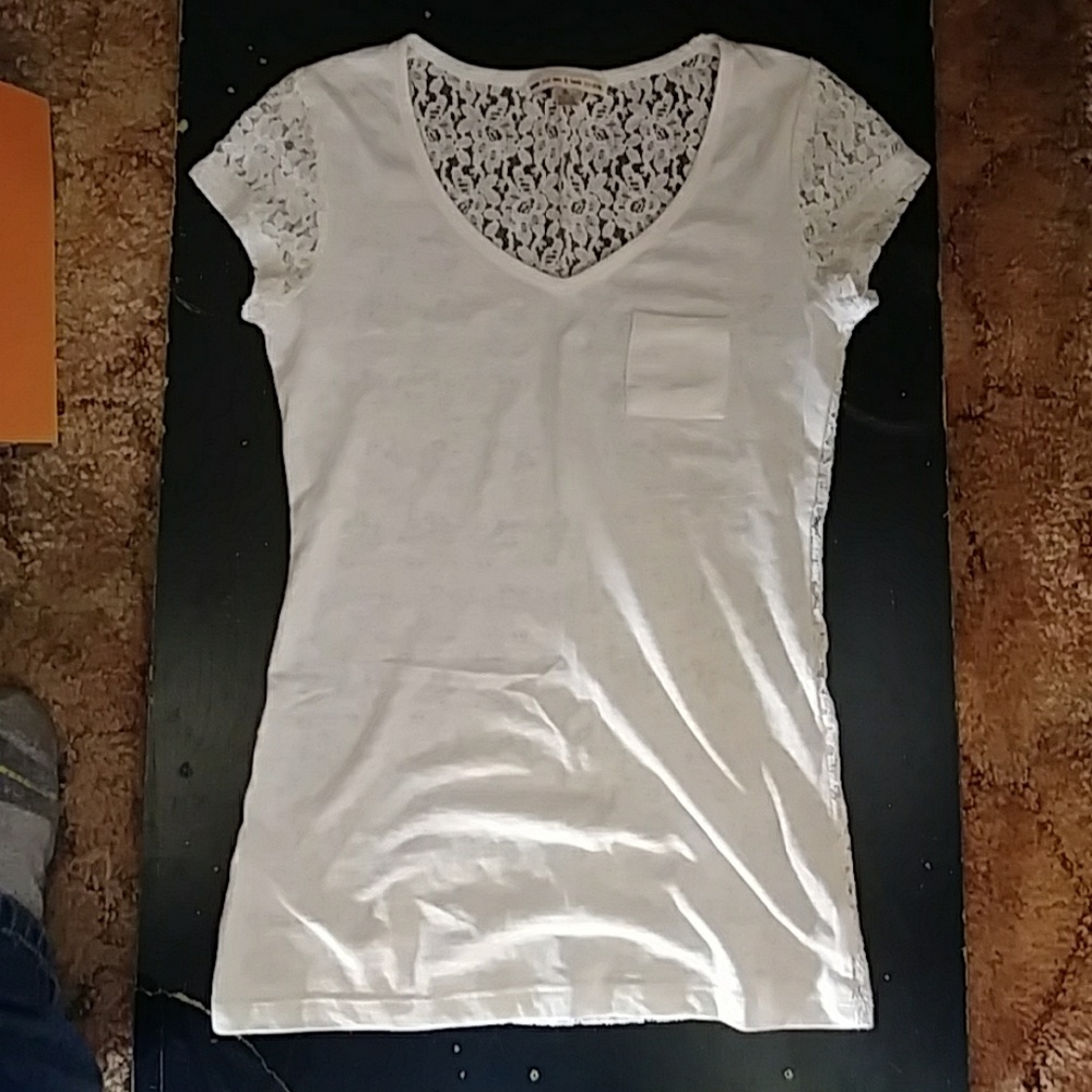 White, lace back, pocket tee